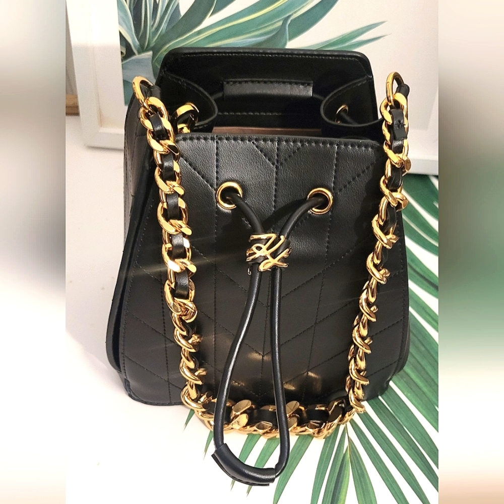 NEW Karl Lagerfeld Bucket Fatina Crossbody Shoulder Bag Black Gold